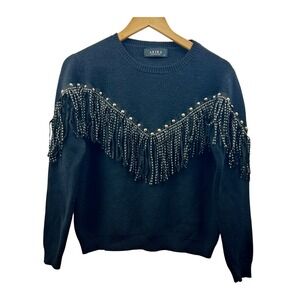 Akira Fringe Stud Sweater Women M/L Black Western Glam Y2K Statement‎ Festival